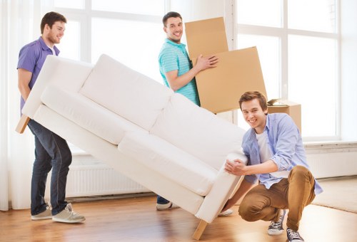Moving day scene with labeled boxes in a Highamspark home